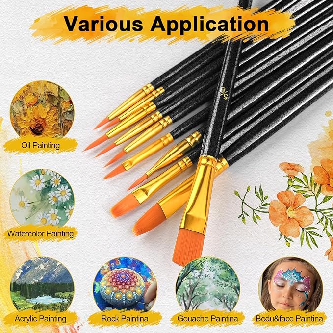 Acrylic Paint Brushes Set, 50Pcs Round Pointed Tip Artist Paintbrushes for Acrylic Painting Oil Watercolor Canvas Boards Rock Body Face Nail Art, Halloween Pumpkin Ceramic Crafts Supplies，Black