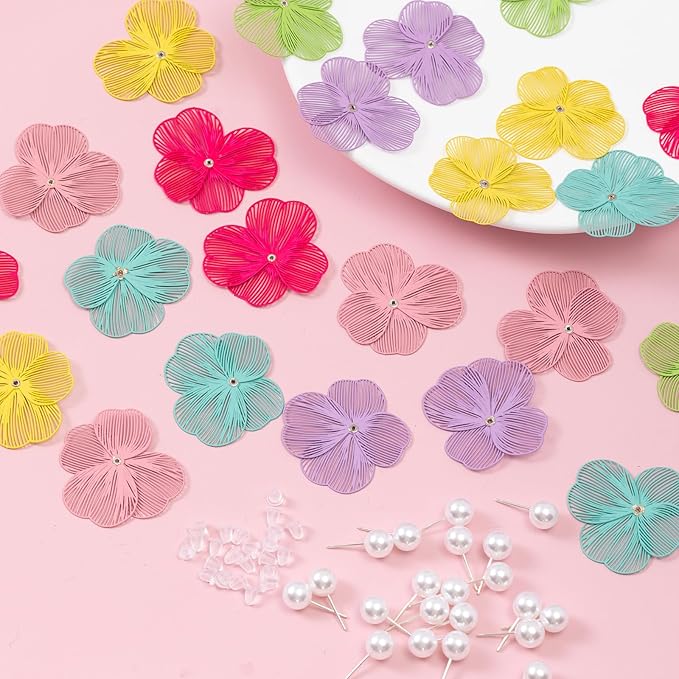 COLIGREE 12 Pairs Matte Colorful Flower Pearl Stud Earrings Hollow Rubbery Textured Filigree Flower Earring Making Kit for Women Fashion