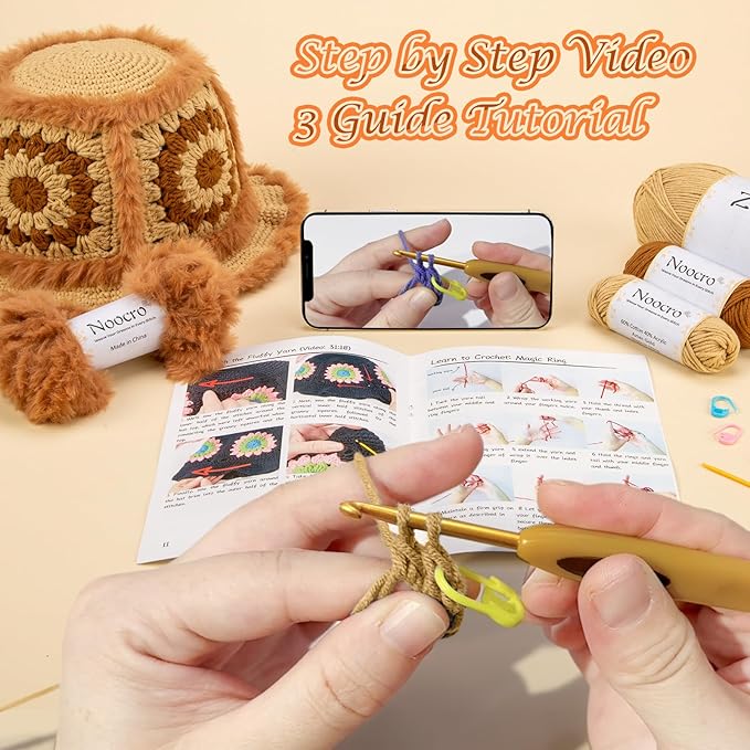 Noocro Crochet Kit for Beginners or Intermediate Level, Fuzzy Granny Square Bucket Hat, Step by Step Video Tutorial, Detailed Instruction Complete Kit Craft Supplies Holiday Gift