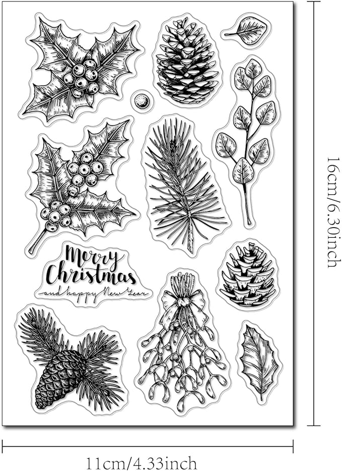Arbuya Christmas Berry Branch Silicone Clear Stamps for Card Making Evergreen Ornaments Silicone Stamps Christmas Sentiment Rubber Stamps for Scrapbooking Journals Paper Crafting