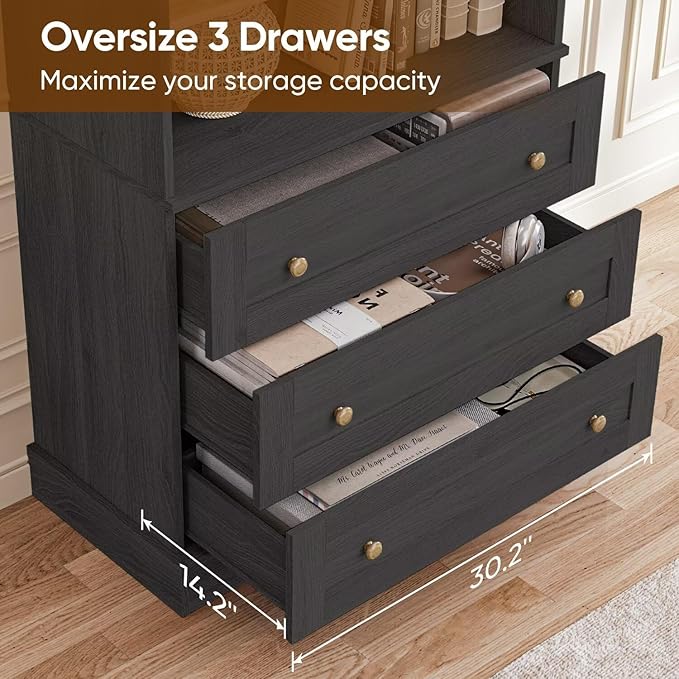 Vyre 71" Tall Farmhouse Bookshelves with Drawers, Large Modular Bookcase with Adjustable Shelves, Storage Cabinet for Living Room, Kitchen, Home Office, Black