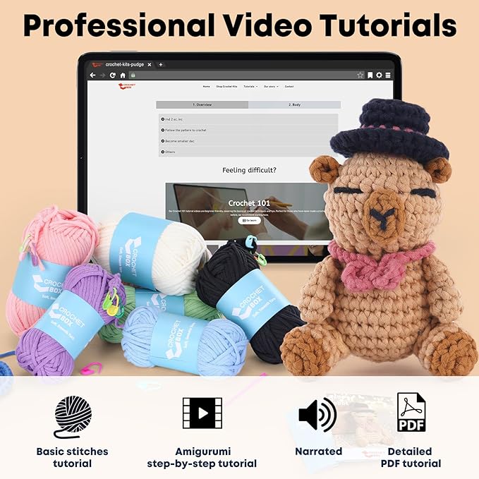 CrochetBox Crochet Kit for Beginners Adults - Capybara Starters Crochet Kit, Beginners Crocheting Kitting for Adults Teen, Craft Gifts with Crochets Yarns, Hook, Step-by-Step Video, Instruction