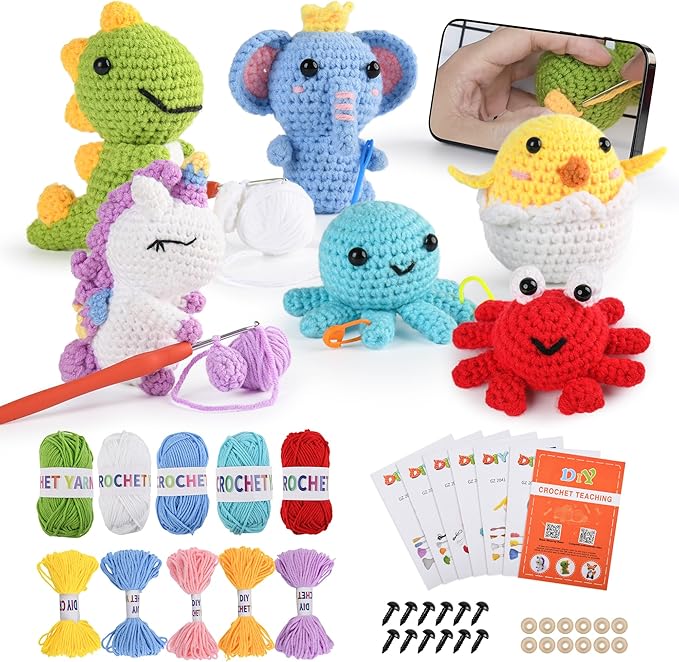 MINGOMINGO Crochet Kit for Beginners - 6 Pack Animals Amigurumi, Craft Knitting Crochet Starter Kits with Step-by-Step Video Tutorials - Animals Knitting Kit (40%+ Yarn)