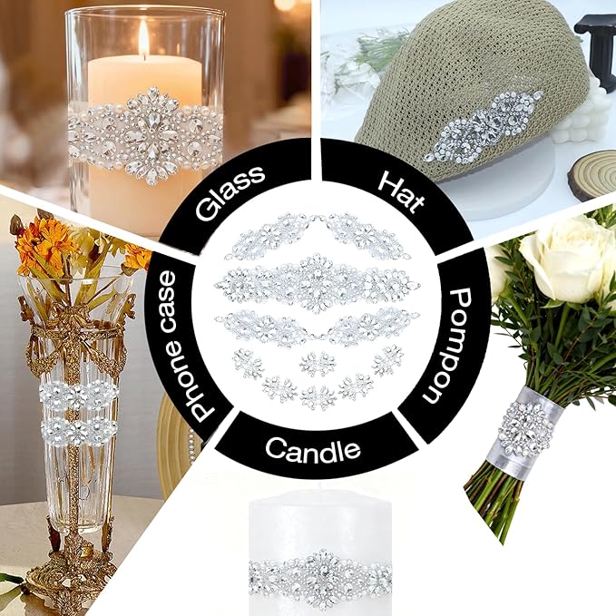 PEARLY JUN 11 Pcs Silver Rhinestone Applique Patches Pearl Rhinestone Patches Iron on Appliques for Dresses Hand Sewing Craft Projects DIY Wedding Clothes Shoes Hats Bags Embellishments