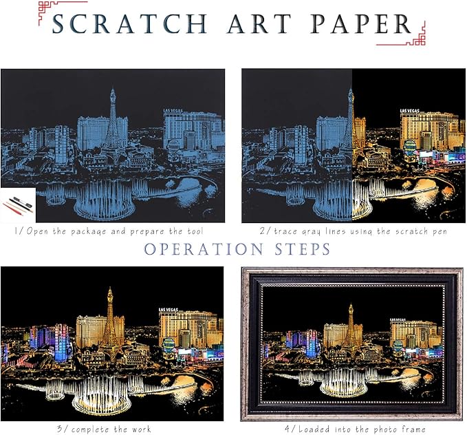 DESINIK Scratch Painting Art for Adults & Teens - 2 Sheets Rainbow Scratch Painting Kit, Scratch Painting Foil Art for Adults, Stress Relief Adult Craft Kits A3(Las Vegas & Tower Bridge)