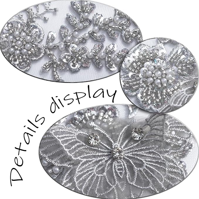 Flower Pearl Fabric Rhinestones Beaded Lace Applique,3D Butterfly Embroidered Lace Patch for Clothes,Dress (Gray)