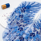 Beaded Pearl Flower Fabric Lace Applique, Floral Embroidered Patches Handmade Sewing Tool for DIY Neckline Bodice Wedding Bridal Prom Dress(Blue-Small)