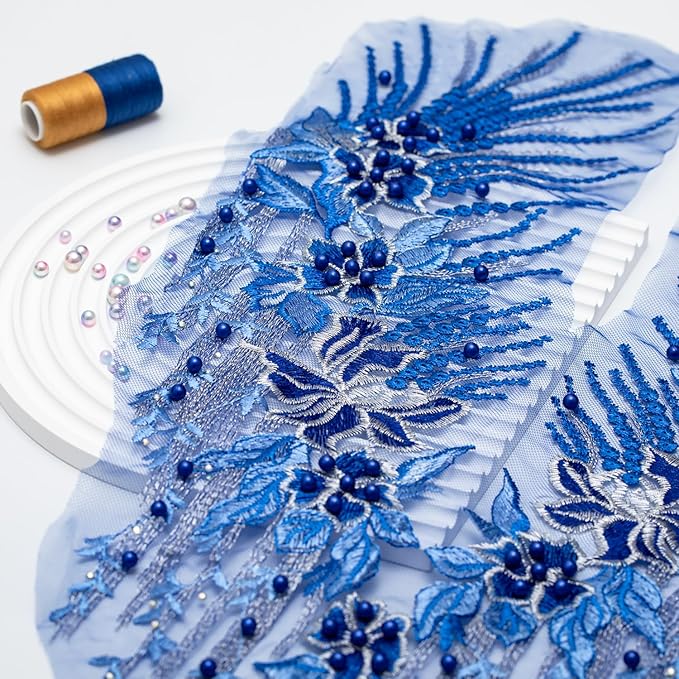 Beaded Pearl Flower Fabric Lace Applique, Floral Embroidered Patches Handmade Sewing Tool for DIY Neckline Bodice Wedding Bridal Prom Dress(Blue-Small)