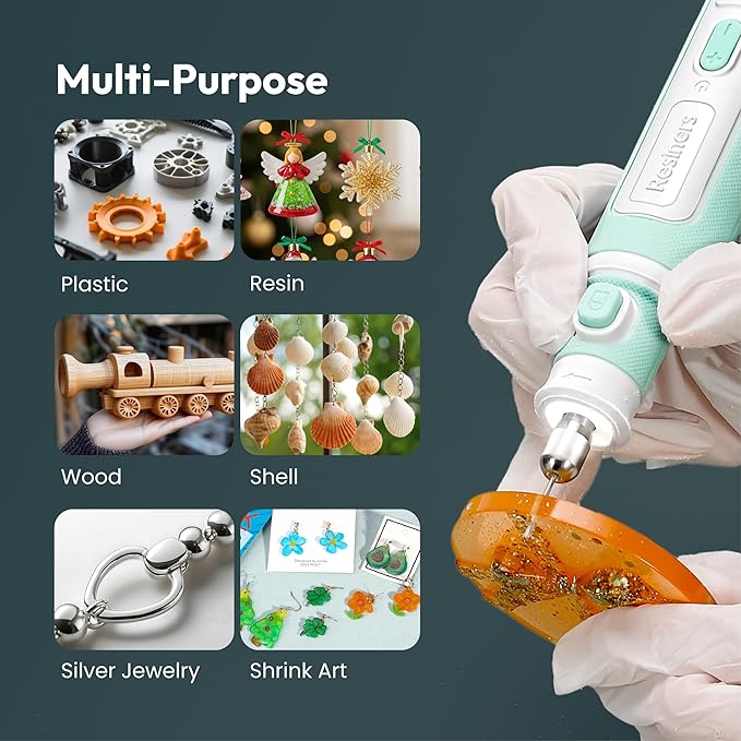 Resiners Electric Resin Drill Pen, Cordless Rotary Tool Kit, 8-Speed Adjustable, Rechargeable 15pcs Jewelry Making Kit with Light Illumination for Resin Molding, Plastic, Wooden DIY Crafts