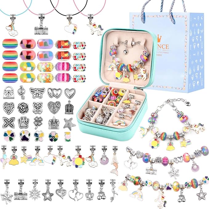 UFU Charm Bracelet Making Kit Girls Beads for Jewelry Making Kit, Unicorns Arts Crafts Gifts Set for Teen Girls Age 5 6 7 8-12, with a Portable Bracelet Organizer Box