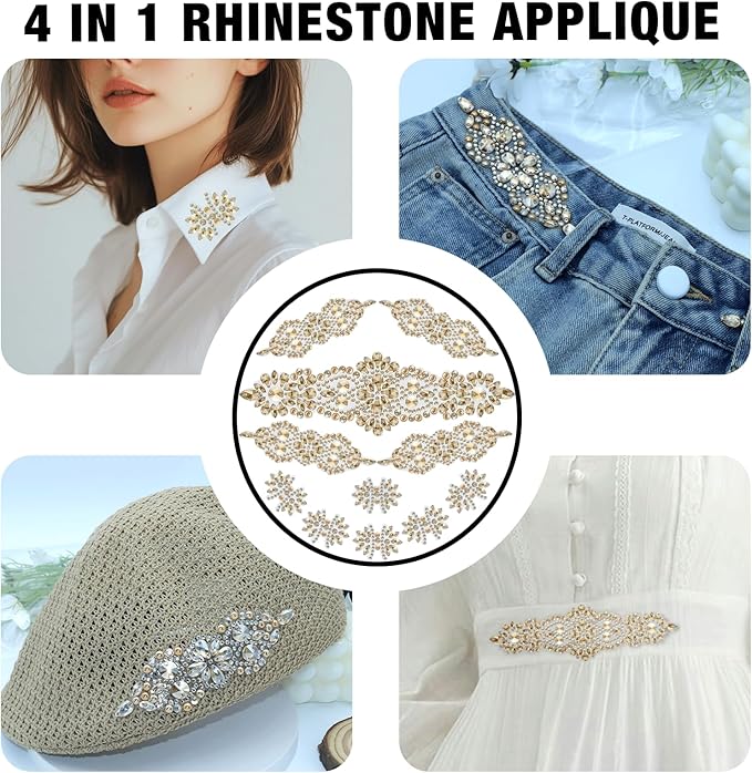 PEARLY JUN 11 Pcs Gold Rhinestone Applique Patches Pearl Rhinestone Patches Iron on Appliques for Dresses Hand Sewing Craft Projects DIY Wedding Clothes Shoes Hats Bags Embellishments