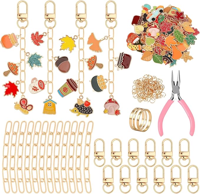 AUGSUN 189Pcs Fall Keychain Making Kit, Autumn Charm Jewelry Chain Making Crafts, 60 Thanksgiving Charms 12 Keychain Clips Hooks 15 Extender Chains 100 Jump Ring and Jewelry Plier for Holiday Gifts