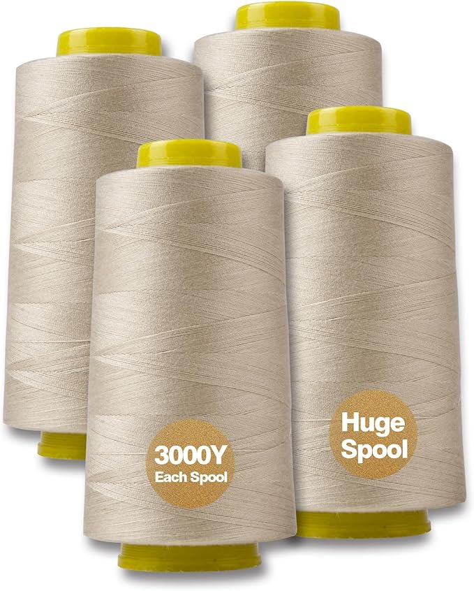 Beige Serger Thread, All-Purpose Thread for Sewing, Polyester, 4 Cones of 3000 Yards Each Spool for Sewing Machine
