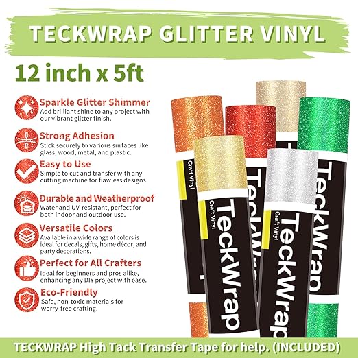 TECKWRAP Glitter Vinyl Shimmer Adhesive Craft Vinyl, 1ft x 5ft Roll - Permanent Glitter Vinyl for Craft Cutting Machines - Ideal for Scrap-Booking, Decals, DIY Projects, Home Decor, Red