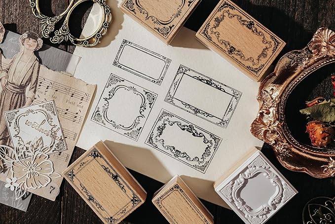 7pcs Wood Rubber Stamp Set, Frame Pattern Decorative Stamp Set for Art Craft, Journal, Diary, Scrapbook, Planner, Letter, Card Making M-19 (Set-3)