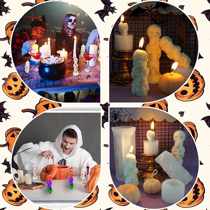 2Pcs 3D Skull Candle Silicone Mold，Skeleton Epoxy Resin Casting Mold, Horror Wax Candle Making Mould for Candle Handmade Halloween Wax Making Polymer Clay DIY Craft