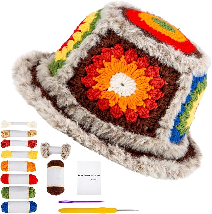 Noocro Crochet Kit for Beginners or Intermediate Level, Fuzzy Granny Square Bucket Hat, Step by Step Video Tutorial, Detailed Instruction Complete Kit Craft Supplies Holiday Gift
