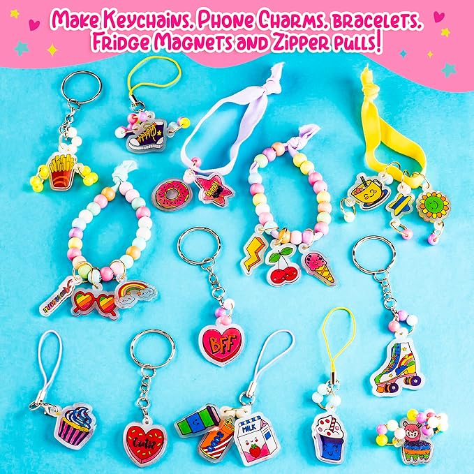 GirlZone Shrink Craft Kit for Kids, DIY Keychain & Magnet Making Set with Pre-Designed Shrink Plastic Sheets & Chalk Pens, Screen-Free Art Activity, Creative Gift for Birthdays, Christmas & Holidays