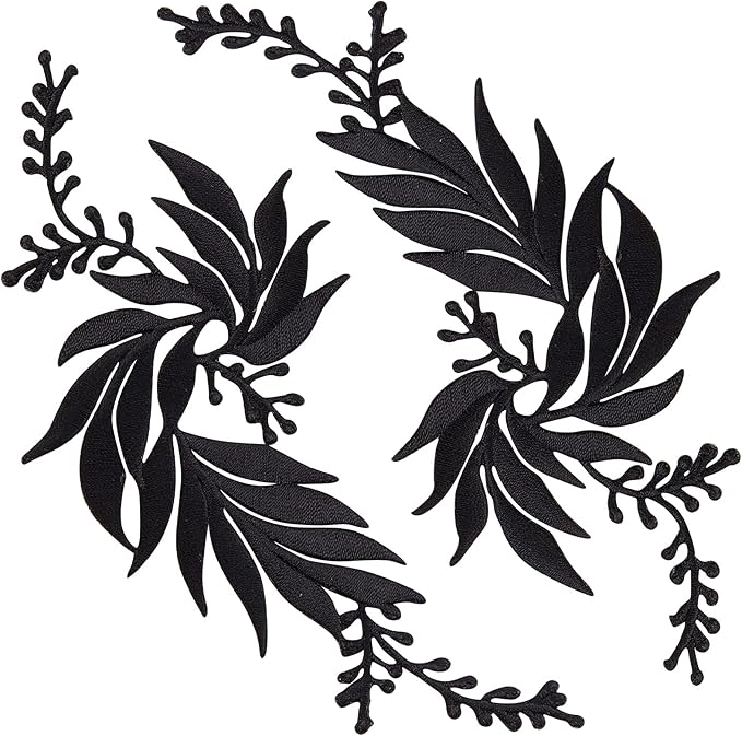 GORGECRAFT 2 Pairs 4PCS Leaf Iron Patches Big Embroidered Flowers Lace Applique Flowers Nature Patches Suitable for Clothes Dress Hat Pants Sewing Craft Decoration(Black)