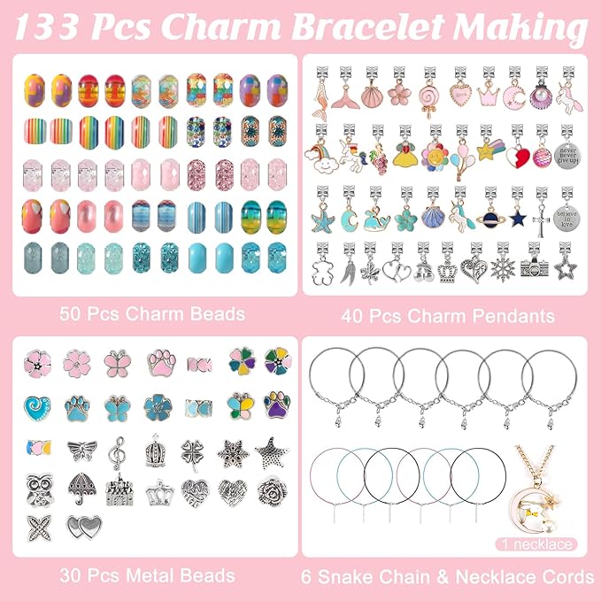 YJK Charm Bracelet Making Kit, 5-12 Year Old Girl Birthday Gifts, 133 Pcs DIY Beaded Jewelry Making Kit with Jewelry Box, Creative Crafts for Girls, Charm Necklace Making kit for Girls (Blue & Pink)