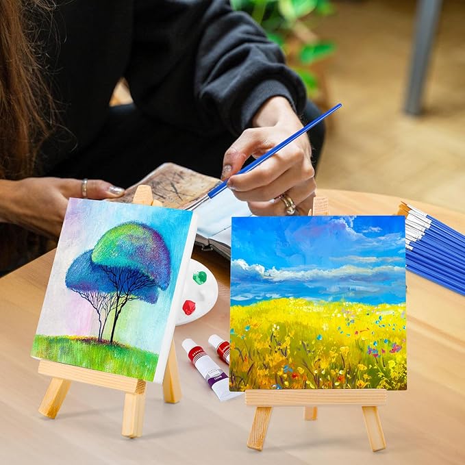 10 Pack Mini Canvas and Easel Set, 4 X 4 inch Canvas for Drawing, 18 Acrylic Paint Set with 20 Brushes & 2 Paint Trays, Art Painting Kits for Birthday Party Favors