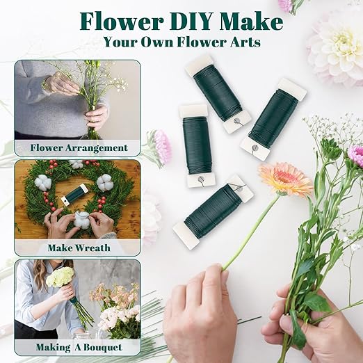 Aisoso 4 Pack Floral Wire, 131 Yards Paddle Wire 22 Gauge Florist Wire Green for Wreath Wire Making Craft, Floral Flower Arrangements and DIY Crafts, Garland