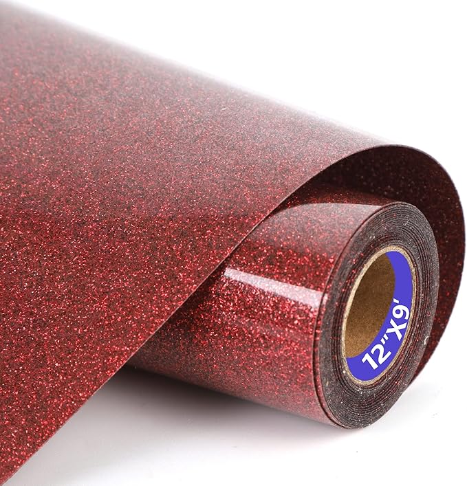 Red Glitter HTV Heat Transfer Vinyl Rolls12inch by 9feet PU Stretch Iron on Vinyl HTV Vinyl for T-Shirt for Silhouette and Cameo (9Ft, Z1-Glitter Red)