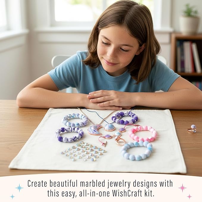 Bright Stripes Wish*Craft Marbled Moon Jewelry Kit – DIY Air-Dry Clay Set for Kids Ages 8+ with Molds, Iridescent Gems, Vibrant Colors, Metal Findings & Storage – Creative Jewelry Gift Set for Girls