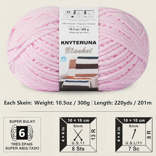 #6 Super Bulky Blanket Yarn for Crocheting - 4 Skeins(Each 10.5oz/300g, 220yds/201m), Chunky Chenille Thick Plush Big Soft Yarn for Crocheting Knitting Blankets, Blush Pink