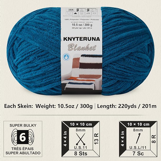 #6 Super Bulky Blanket Yarn for Crocheting - 4 Skeins(Each 10.5oz/300g, 220yds/201m), Chunky Chenille Thick Plush Big Soft Yarn for Crocheting Knitting Blankets, Indigo