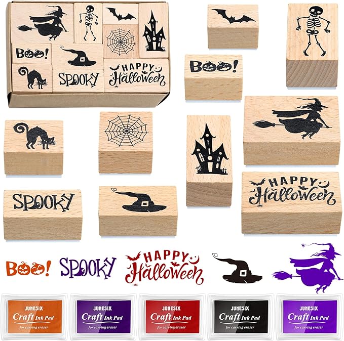Woanger 15 Pcs Halloween Wooden Rubber Stamps and Craft Ink Pads Craft Card Pads Wooden Rubber Stamp for Scrapbooking DIY Kids Stamps Paper Wood Fabric Halloween Holiday