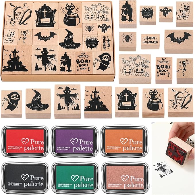 17 Pcs Halloween Wooden Rubber Stamps with Craft Ink Pads Mixed Spooky Witch Rubber Stamps for Card Making Decoration Party Gift Decor Scrapbooking Supplies
