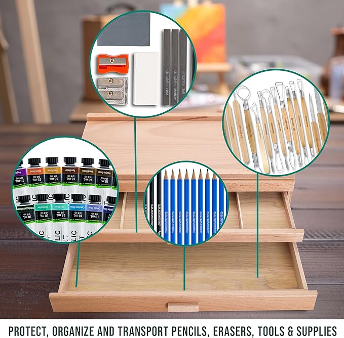 U.S. Art Supply 3-Drawer Artist Tool Supply Box with 5 Compartments per Drawer - Hardwood Art Box for Artist Supplies, Brushes, Pencils, Erasers, Tool Storage Organizer Case