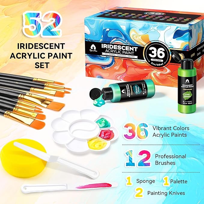 52 Pcs Iridescent Acrylic Paint Set with 12 Brushes, 2 Knives & Palette, 36 Colors (2oz/60ml) - for Adults, Kids, Artists & Beginners - Canvas Ceramic Rock Wood Egg Painting Kit