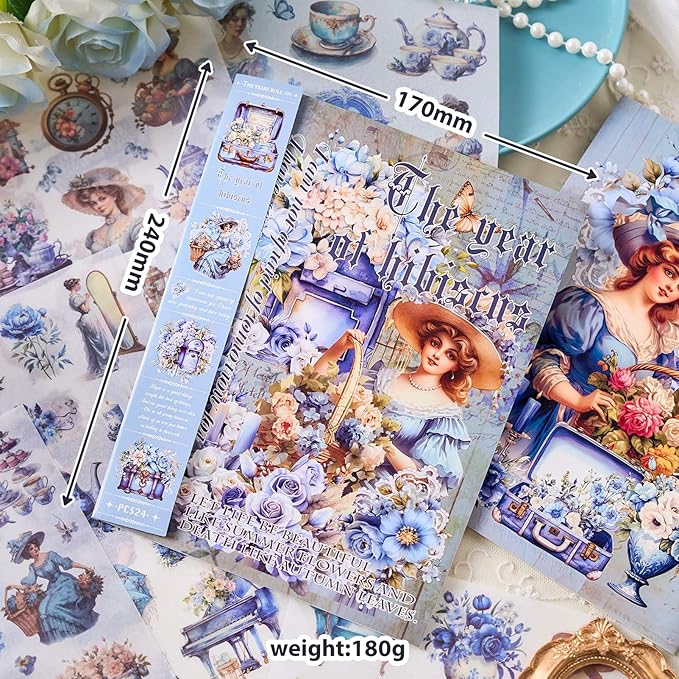 Snycler Sticker Book - 24 Sheets Vintage PET Stickers for Scrapbooking, Junk Journaling, Ephemera, and Decorative Crafts - Pre-Cut Floral Design Stickers Vintage-8