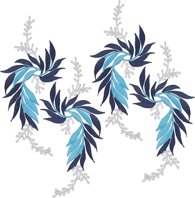 GORGECRAFT 2 Pairs 4PCS Embroidered Patches Iron Leaf Flowers Lace Applique Flowers Nature Patches Suitable for Clothes Dress Hat Pants Sewing Craft Decoration(Dodger Blue)
