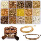 15 Color 4mm Small Assorted Glass Seed Beads,3mm Bugle Beads Friendship Bracelet Kit,2mm Tiny Tube Bead for Jewelry Making(Gold)