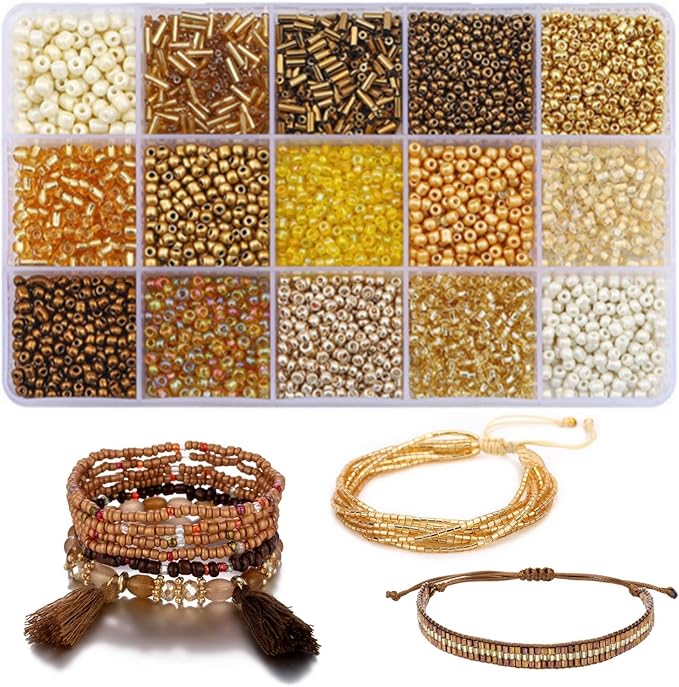 15 Color 4mm Small Assorted Glass Seed Beads,3mm Bugle Beads Friendship Bracelet Kit,2mm Tiny Tube Bead for Jewelry Making(Gold)