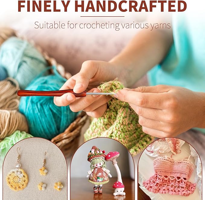 1.0 mm Crochet Hook, Available in 0.5 mm- 3 mm, Ergonomic Hand-Polished Wooden Handle Crochet Hook for Arthritic Hands, for Beginners, and Crocheting Yarn (2Pcs)