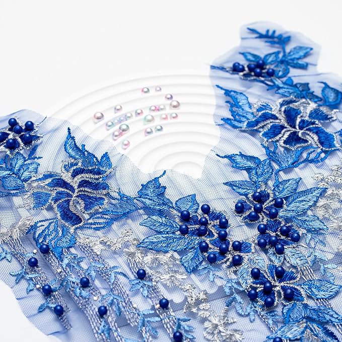 Beaded Pearl Flower Fabric Lace Applique, Floral Embroidered Patches Handmade Sewing Tool for DIY Neckline Bodice Wedding Bridal Prom Dress(Blue-Large)
