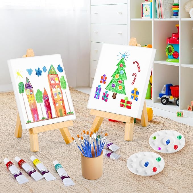 10 Pack Mini Canvas and Easel Set, 4 X 4 inch Canvas for Drawing, 18 Acrylic Paint Set with 20 Brushes & 2 Paint Trays, Art Painting Kits for Birthday Party Favors