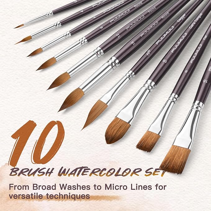Fuumuui Sable Watercolor Brushes, Professional 10Pcs Sable Paint Brush Set Variety Shapes with Flats, Extended Needle Point, Dagger, Cat's Tongue, Rounds Perfect for Watercolor Acrylic Gouache Inks