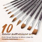 Fuumuui Sable Watercolor Brushes, Professional 10Pcs Sable Paint Brush Set Variety Shapes with Flats, Extended Needle Point, Dagger, Cat's Tongue, Rounds Perfect for Watercolor Acrylic Gouache Inks