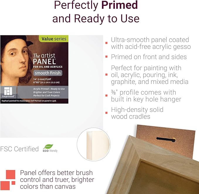 Ampersand Art Supply Wood Gesso Artist Painting Panel: Primed Smooth, 11" x 14", 7/8" Cradled Profile