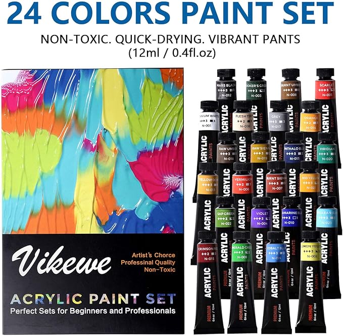 Acrylic Paint Set, 44 Piece Professional Painting Set, Includes 24 Acrylic Paints, 16 Pcs Paint Brushes with Case,Paint Knife and Art Sponge for Watercolor, Oil, Artists, Students and Kids