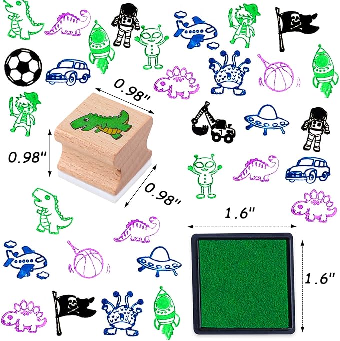 HOWAF 16pcs Wooden Stamps for Kids Boy Crafts with Ink Pad 4pcs, Dinosaur Football Outer Space Pirate Car Stamps for DIY Scrapbook Card Making, Party Bag Fillers Favor for Boys Christmas Birthday Gift