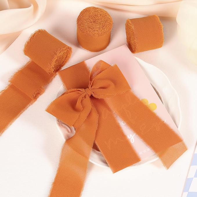 3 Rolls Orange Handmade Fringe Chiffon Ribbon 1.5" x 7Yd Yard Silk-Like Colorful Rustic Ribbon for Bouquets Wrapping Decor Wedding Tie Invitations Crafts