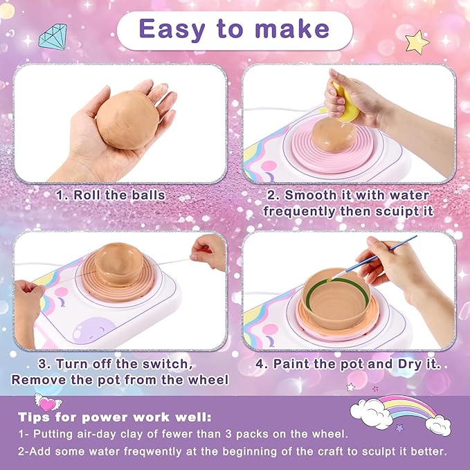 weirtoya Pottery Wheel for Kids, Girls Arts and Crafts Toys for Kids Ages 8-12,Pottery Craft Kit with 3 Pack Air-Dry Clay, Art Supplies for Kids Toys Girls Birthday Gift for 6 7 8 9 10 11 12+