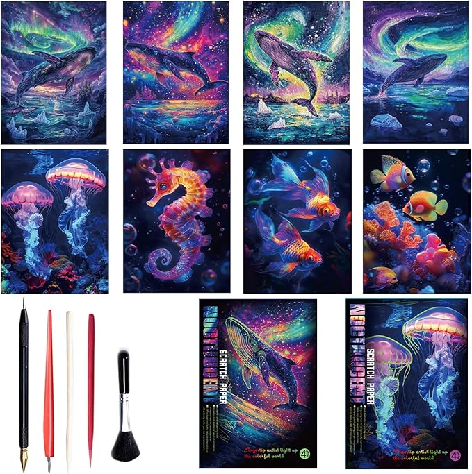 Georgie Porgy Scratch Paper Art Set for Kids Adults Magic Rainbow Scratchboards for DIY Arts and Crafts Kits Christmas Birthday Gift with Scratching Tools Kit (A4-Noctilucent Whale + Sea World)