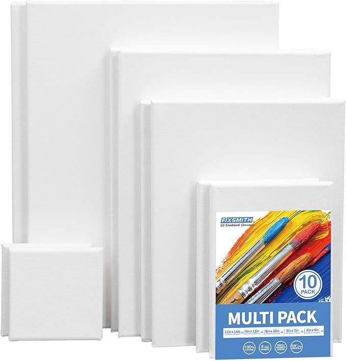 FIXSMITH Stretched Canvas for Painting- 10 Pack Multisize 4x4,5x7,8x10,9x12,11x14 (2 of Each),100% Cotton,Primed,for Acrylic,Oil,Other Wet or Dry Art Media,for Artists,Kids,Beginners and More.